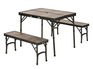 ベランダやアウトドア用に最適！ヴィンテージ調柄の天板がGOOD！テーブルの高さを２段階で変えられてベンチと繋げれば大きなテーブルとして使える！折り畳めて持ち運びラクラク♪パラソルホール付き！