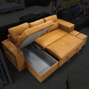 人気商品の再入荷！ベットにもなるカウチソファ。エアレザーで摩擦やキズに強い！スツール２個&収納棚付き。